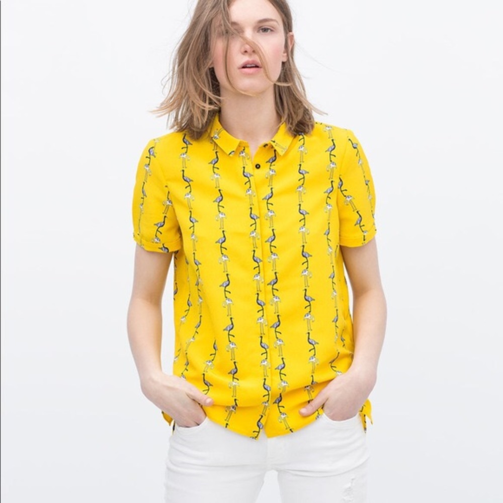Yellow Flamingo Print Short Sleeve Button-Up Top